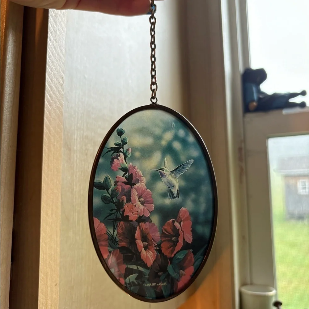 Oval Hummingbird and Flowers Hanging Art Suncatcher